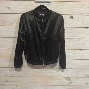 Zeagoo Shiny Black Satin Bomber Jacket